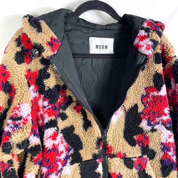 MSGM Giubbino Fleece Jacket Tan Red Floral Sherpa Zip Up Hooded Sz 38 / 4 US
